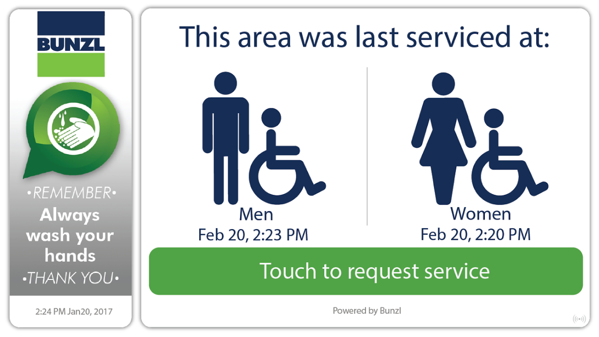 Washroom Attendant Notification Digital Aid (WANDA) is an interactive touchscreen that helps keep your restroom clean. Customers can quickly and easily request service. Staff can log in and see last clean displayed on the home screen.